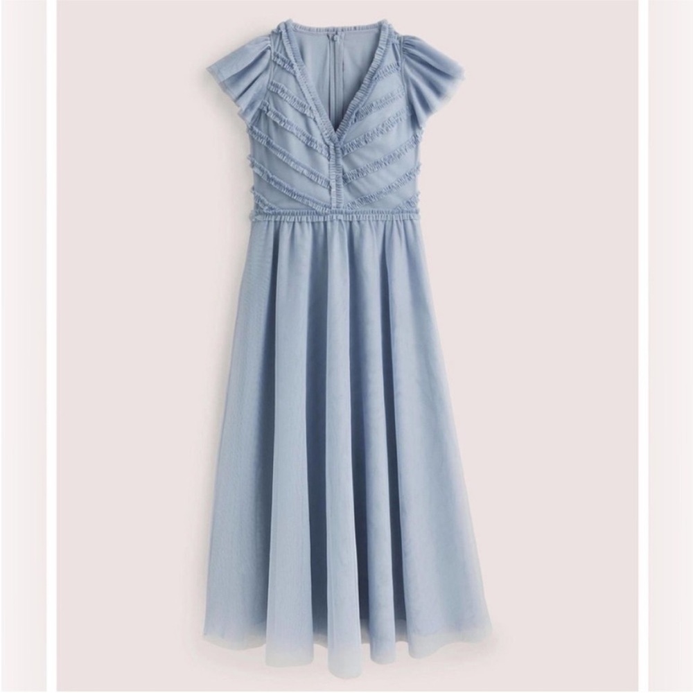 EUC Boden Tulle V-Neck Dress in Dusty Blue, Size 8
